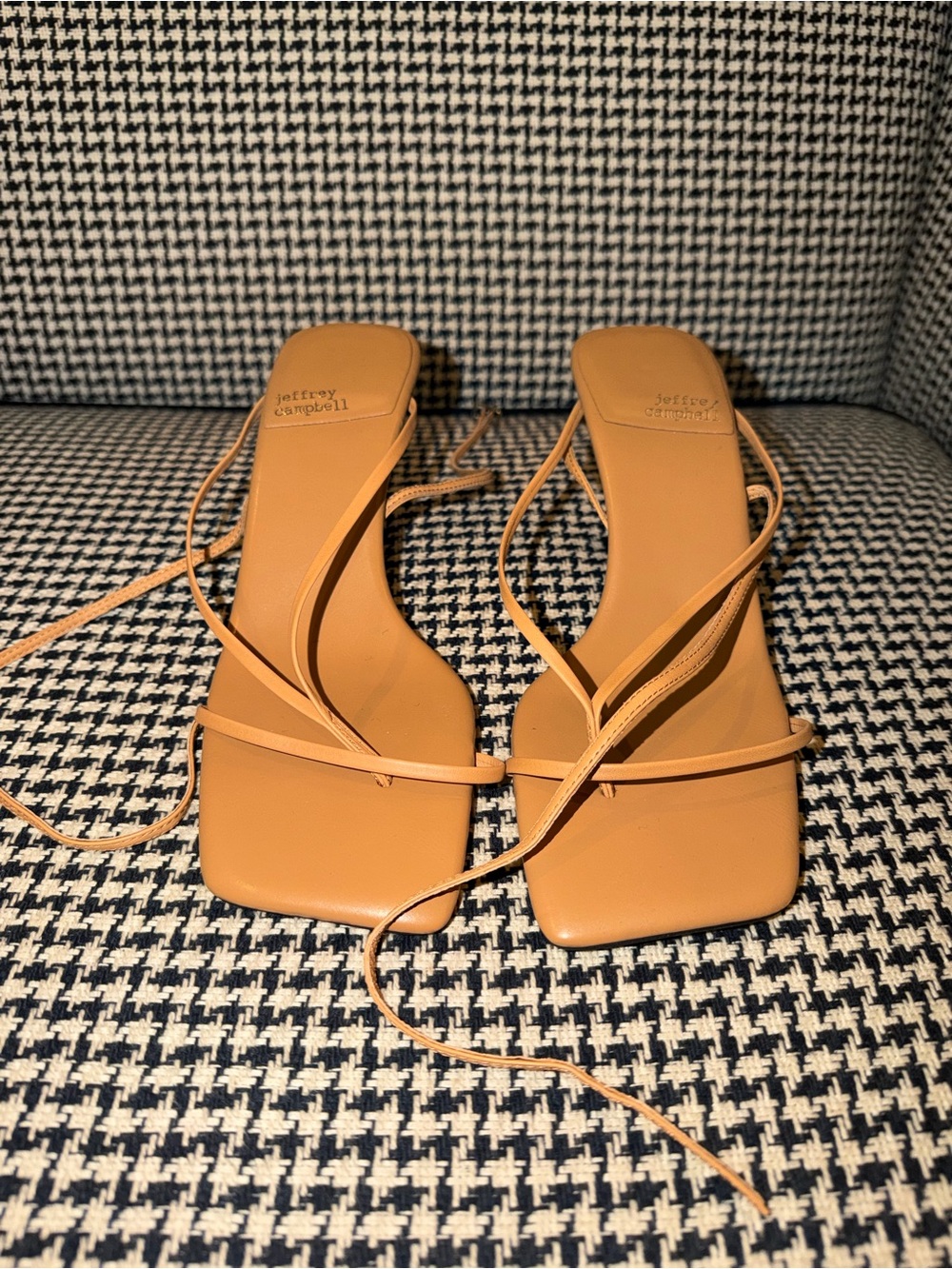 Jeffrey Campbell Camel Tan Strappy Square-Toe Lace-Up Sandals